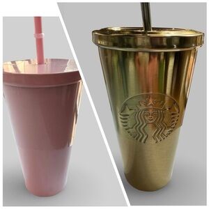 Starbucks Pink Cold Cup & Gold Stainless Steel Tumbler Bundle 24oz